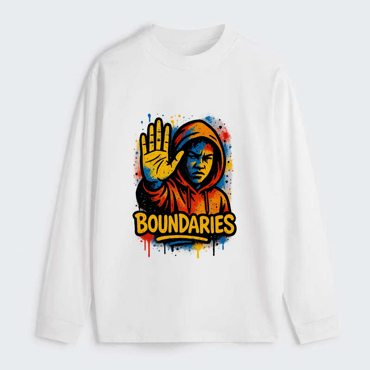 Person holding up hand in "stop" gesture - setting boundaries concept, - Classic Long Sleeve Shirt - White