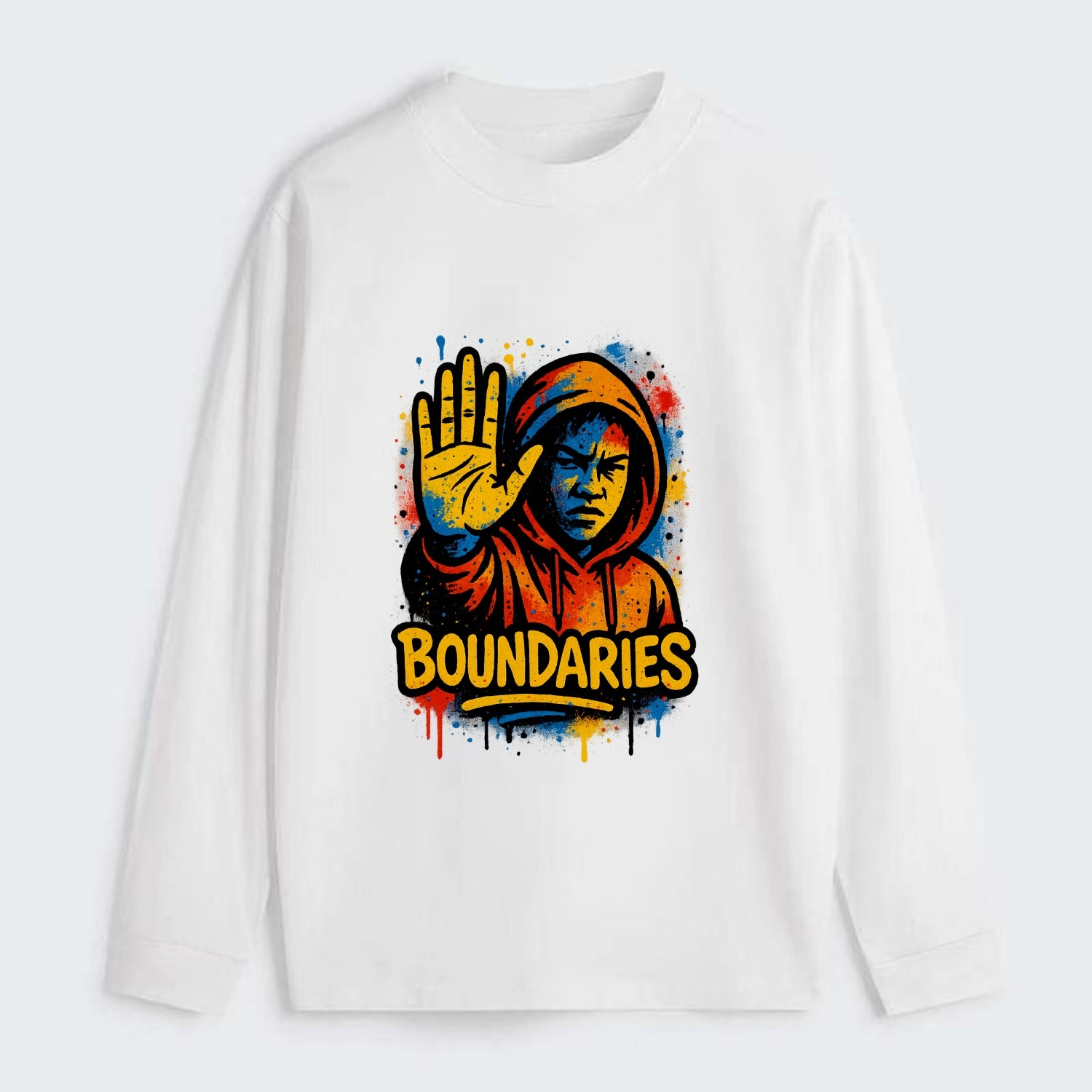 Person holding up hand in "stop" gesture - setting boundaries concept, - Classic Long Sleeve Shirt - White