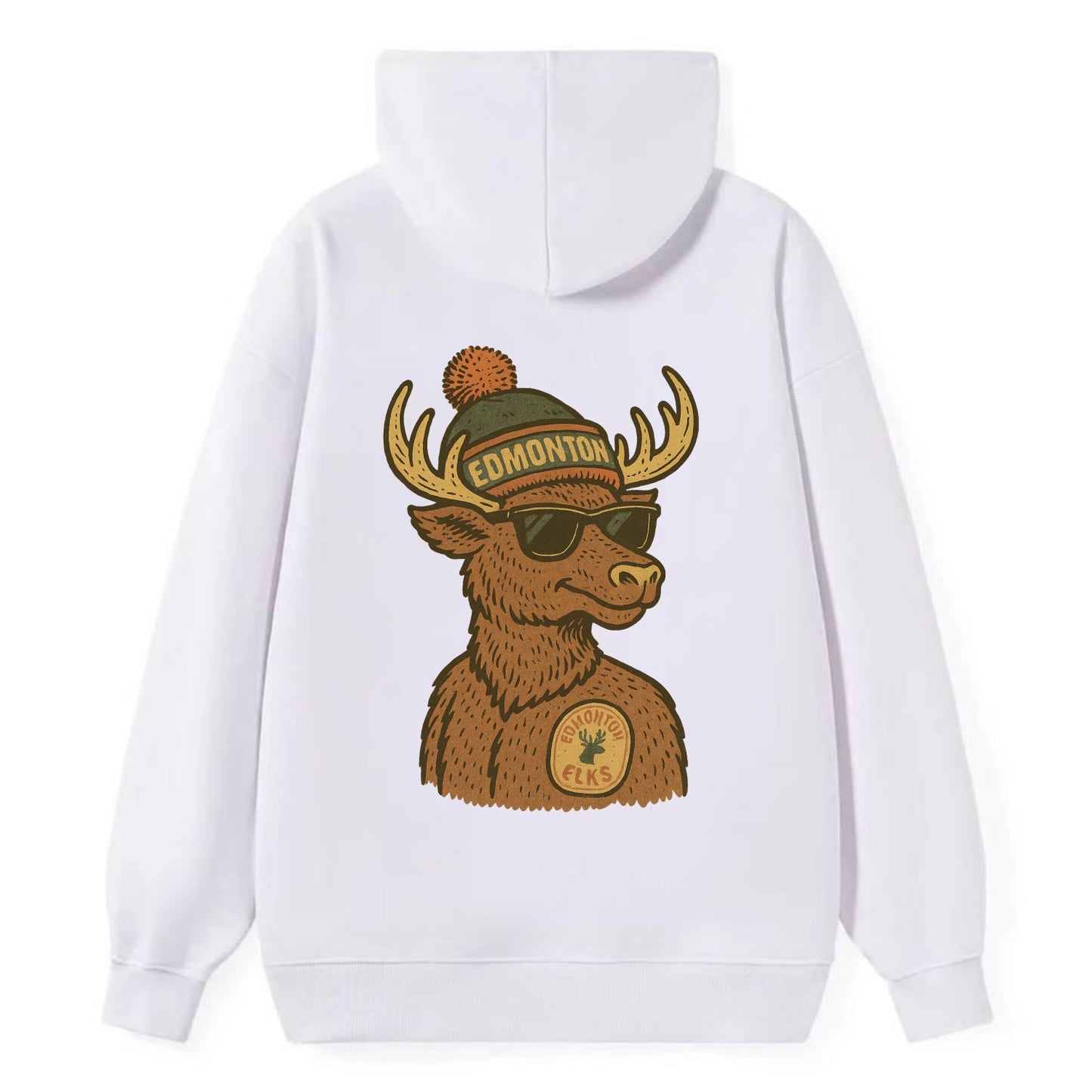 Edmonton Elk wearing Edmonton beanie with pom pom and wayfarer sunglasses - Classic Pullover Hoodie - White