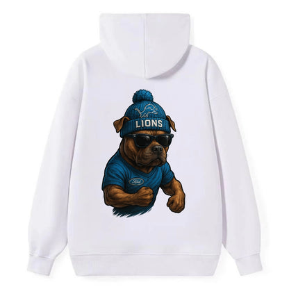 Detroit Pitbull wearing Lions beanie with auto patch and wayfarer - Classic Pullover Hoodie - White
