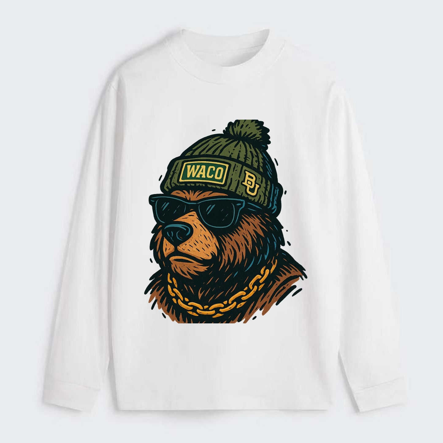 Waco Bear wearing Baylor beanie with BU patch - Classic Long Sleeve Shirt - White