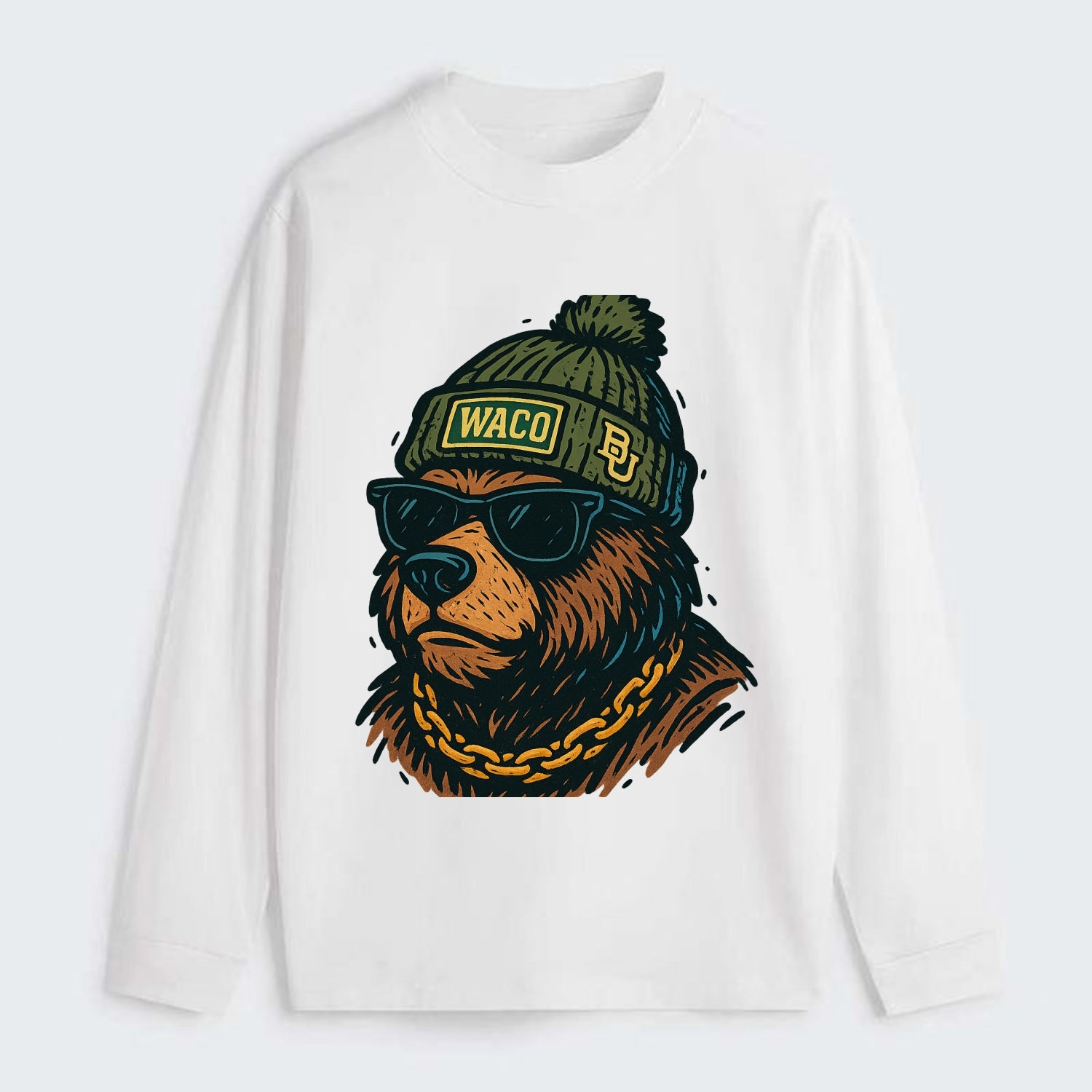Waco Bear wearing Baylor beanie with BU patch - Classic Long Sleeve Shirt - White
