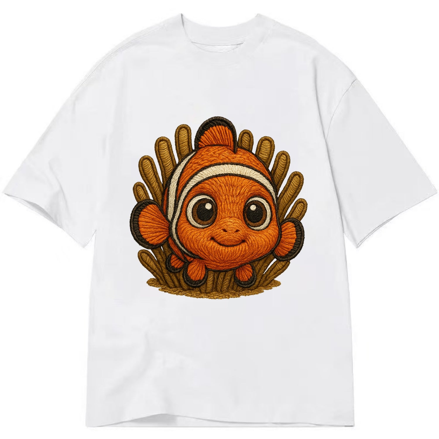 Baby Clownfish - orange with white stripes, big round eyes, front-facing in - Classic T-shirt - White