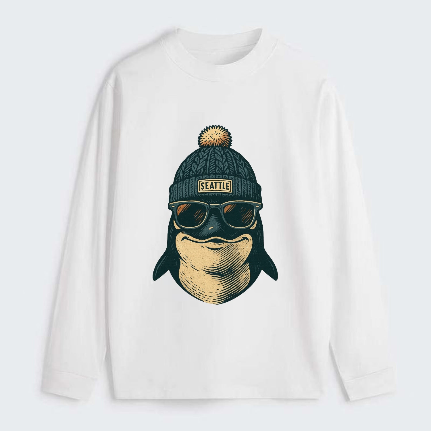 Washington Orca wearing Seattle beanie with pom pom and wayfarer - Classic Long Sleeve Shirt - White