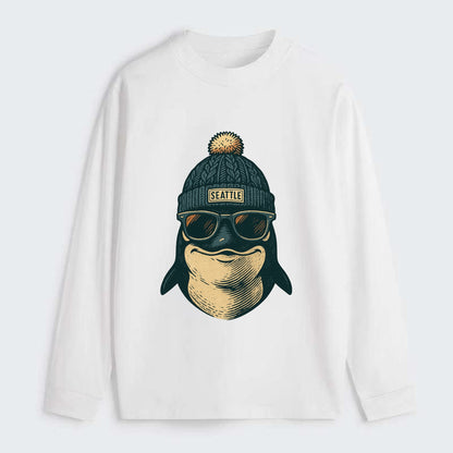 Washington Orca wearing Seattle beanie with pom pom and wayfarer - Classic Long Sleeve Shirt - White