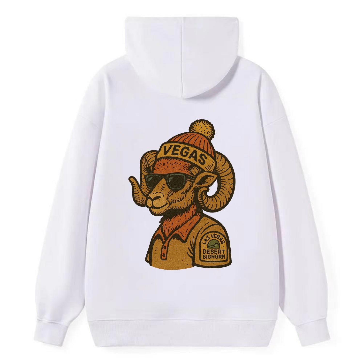 Las Vegas Desert Bighorn wearing Vegas beanie with pom pom and wayfarer - Classic Pullover Hoodie - White