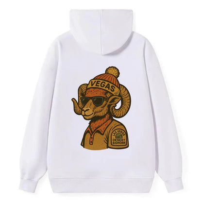Las Vegas Desert Bighorn wearing Vegas beanie with pom pom and wayfarer - Classic Pullover Hoodie - White