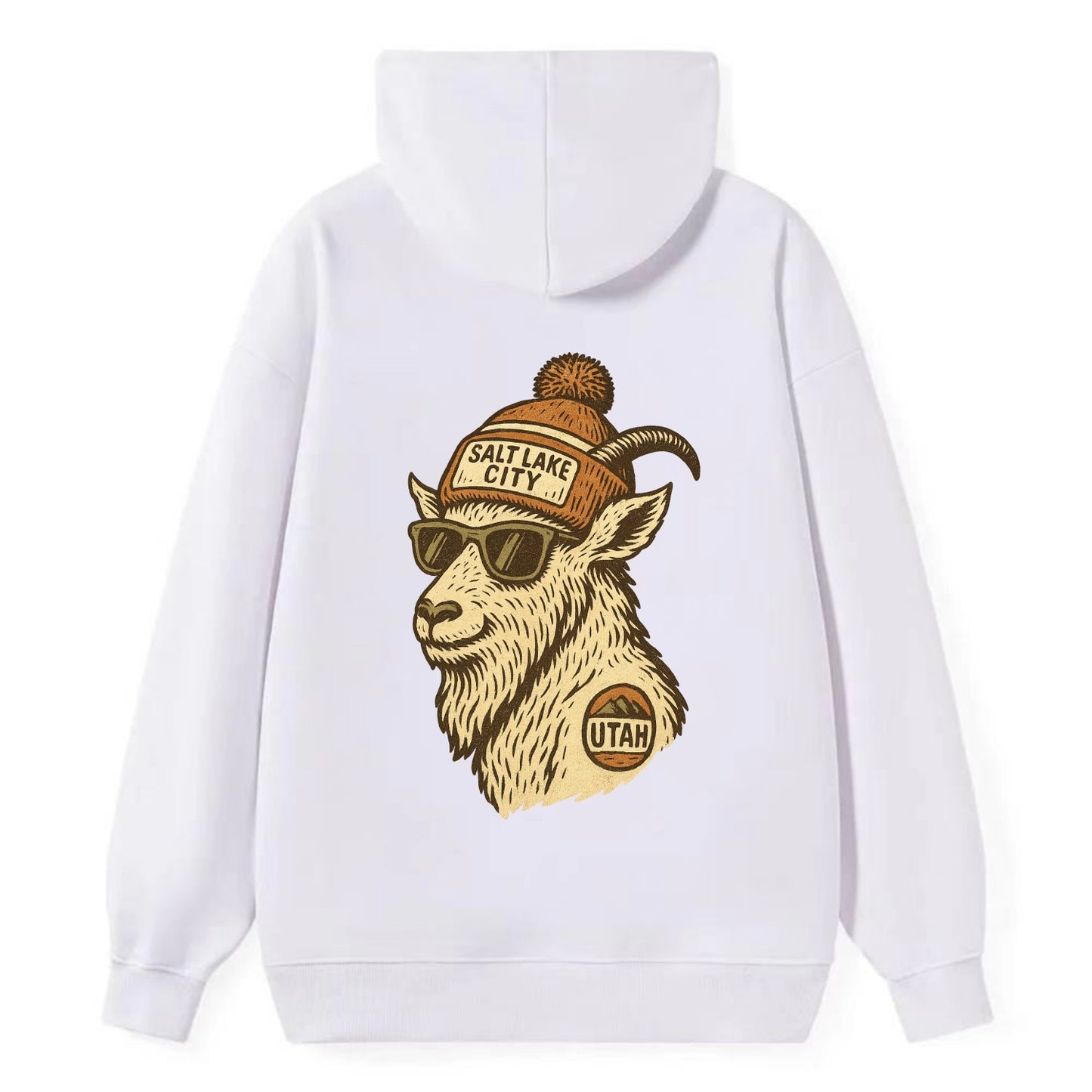 Utah Mountain Goat wearing Salt Lake City beanie with pom pom and - Classic Pullover Hoodie - White