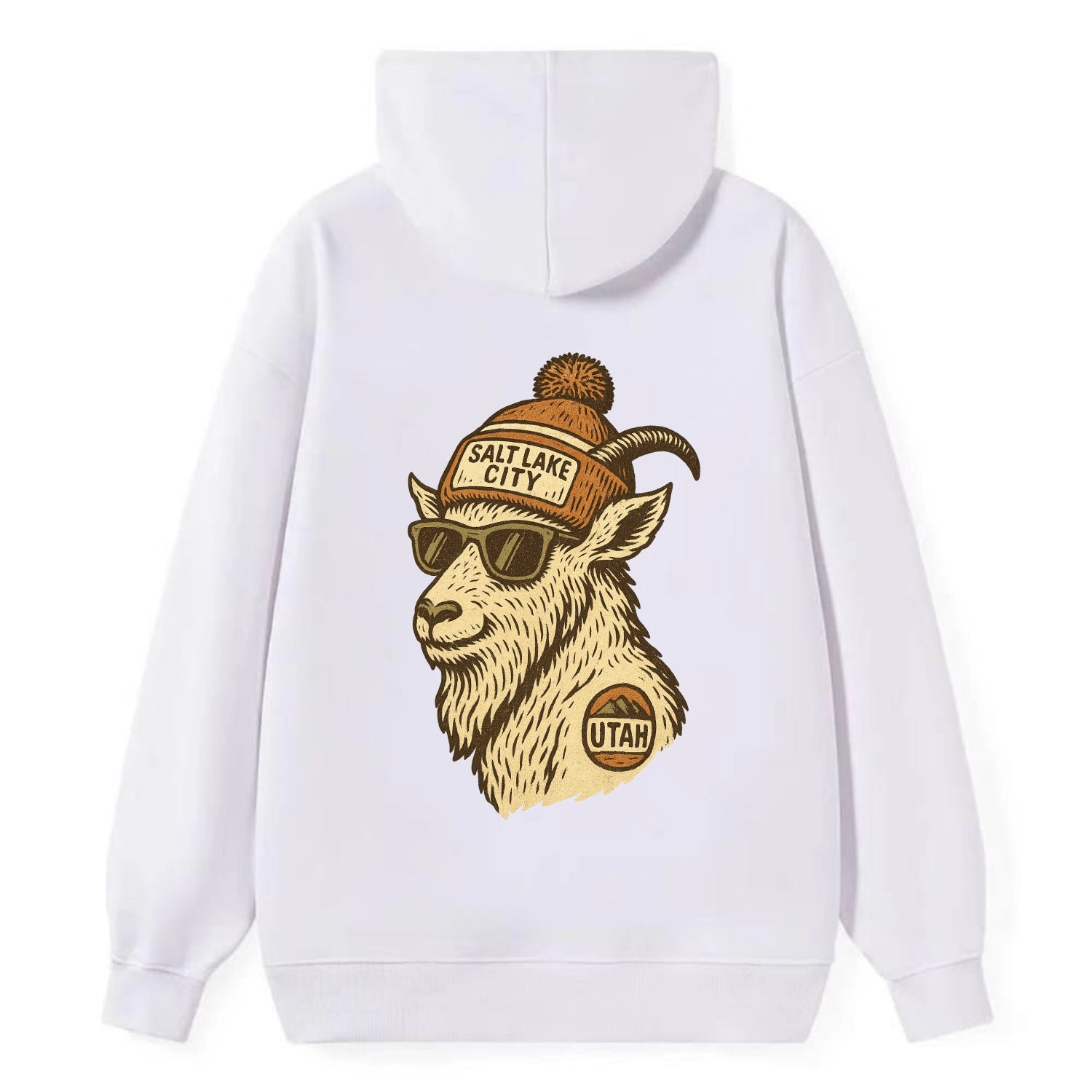 Utah Mountain Goat wearing Salt Lake City beanie with pom pom and - Classic Pullover Hoodie - White