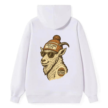 Utah Mountain Goat wearing Salt Lake City beanie with pom pom and - Classic Pullover Hoodie - White