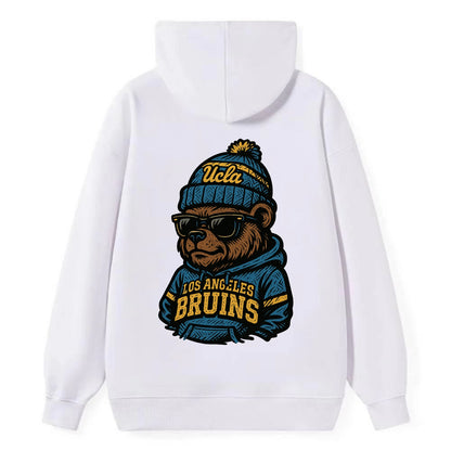 Los Angeles Bruin wearing UCLA beanie with script patch - Classic Pullover Hoodie - White