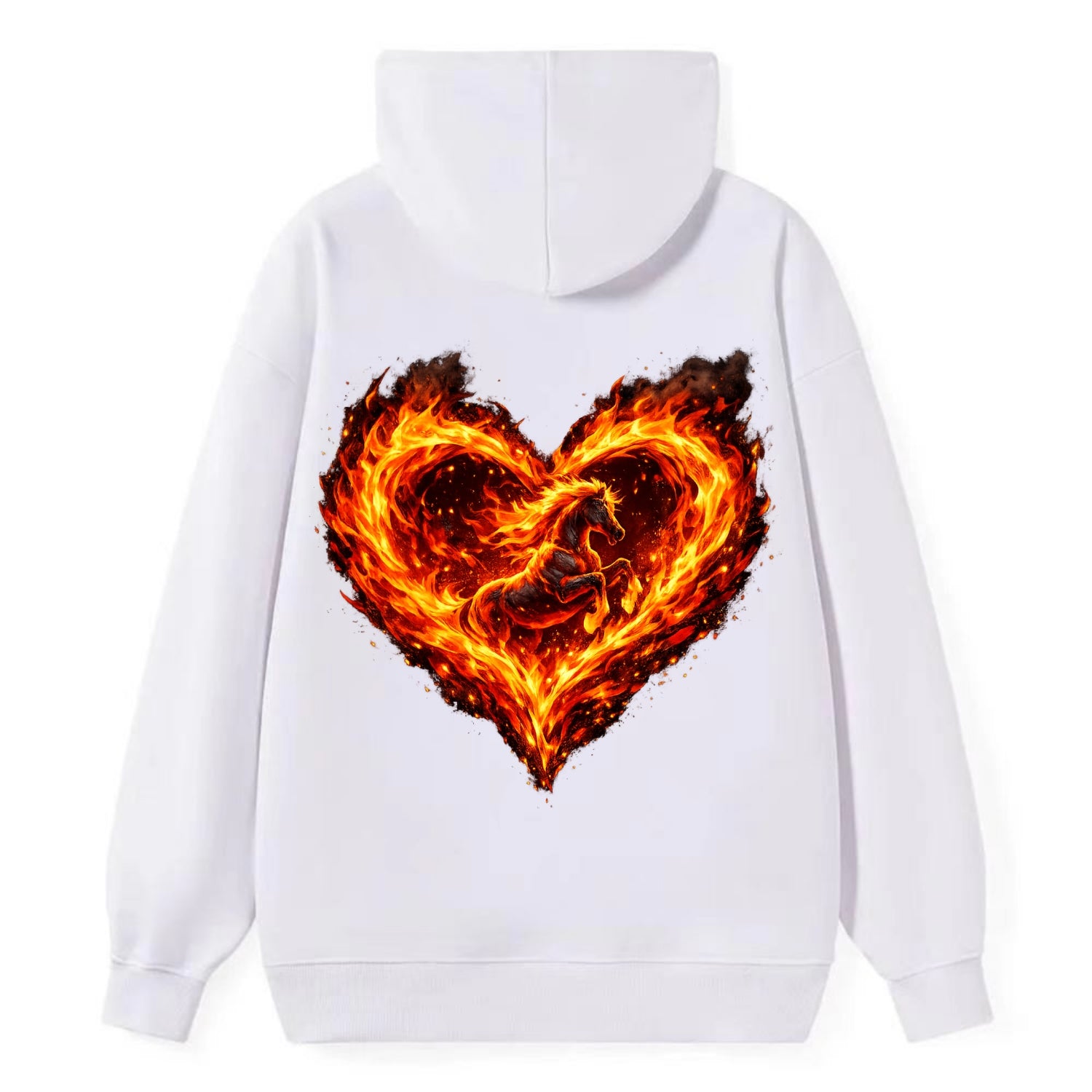 HEART OF FIRE | Flaming heart with horse silhouette inside | Passion - Classic Pullover Hoodie - White