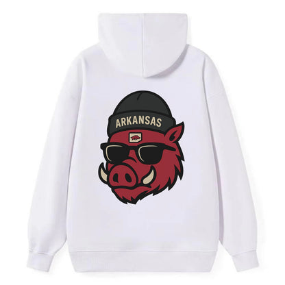 Fayetteville Razorback wearing Arkansas beanie with hog patch - Classic Pullover Hoodie - White