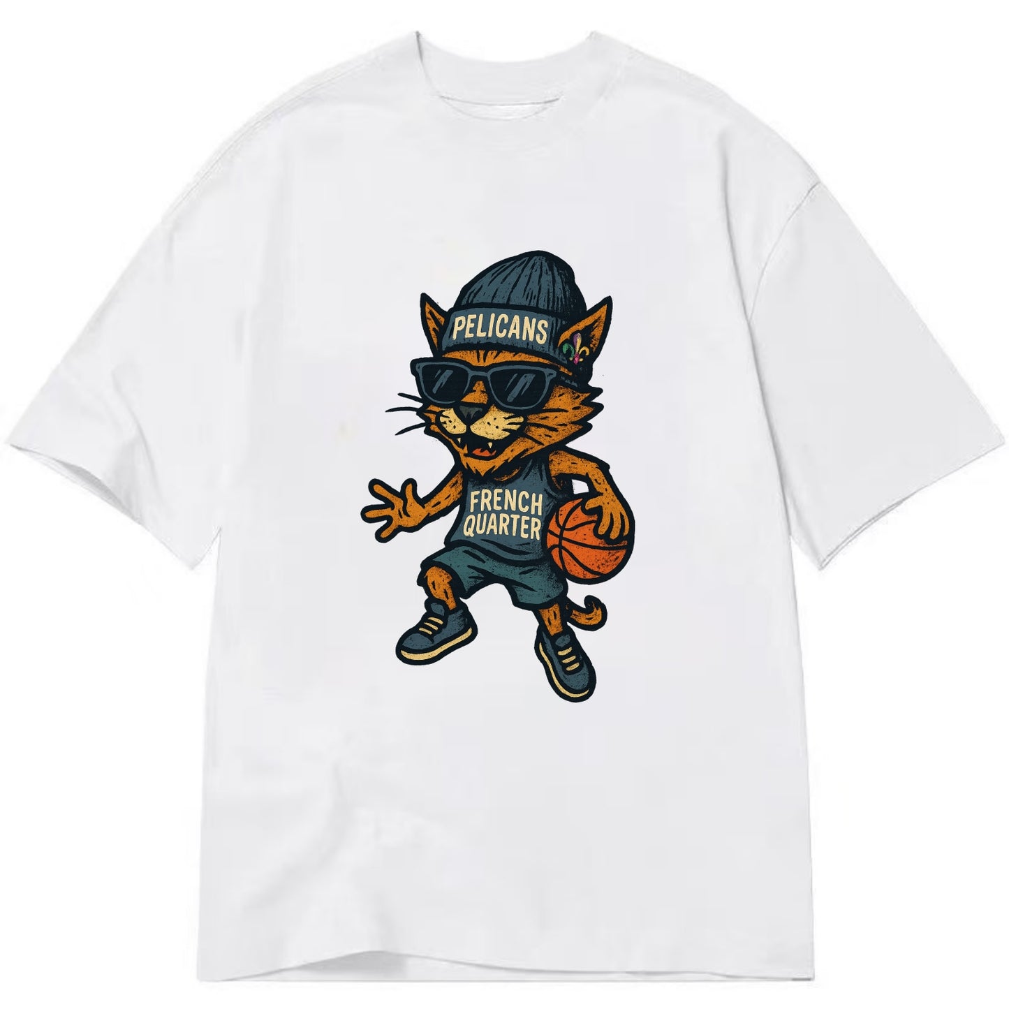 French Quarter Cat wearing Pelicans beanie with Mardi Gras patch and wayfarer - Classic T-shirt - White