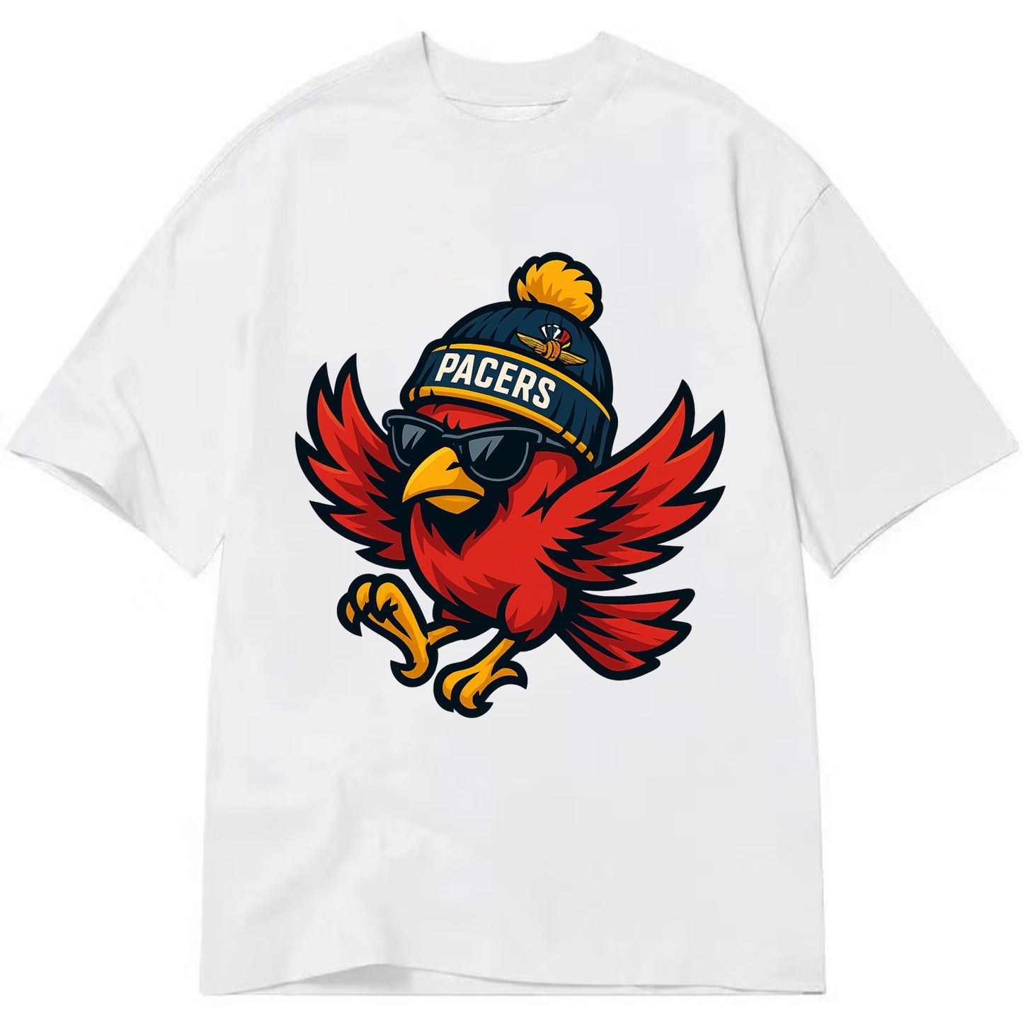 Indiana Cardinal wearing Pacers beanie with speedway patch and wayfarer sunglasses - Classic T-shirt - White