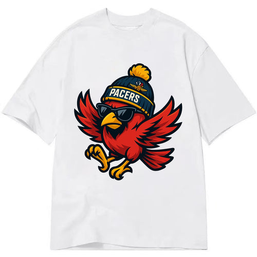 Indiana Cardinal wearing Pacers beanie with speedway patch and wayfarer sunglasses - Classic T-shirt