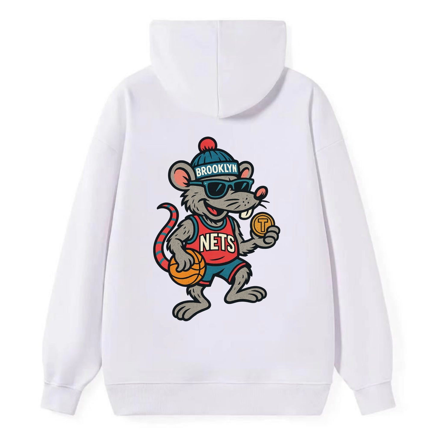Brooklyn Rat wearing Nets beanie with subway token and wayfarer sunglasses - Classic Pullover Hoodie - White