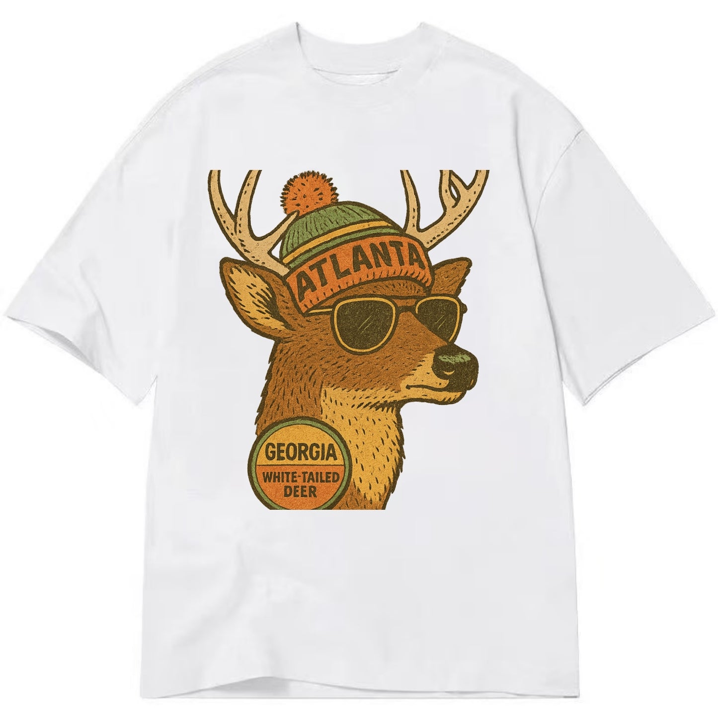 Georgia White-tailed Deer wearing Atlanta beanie with pom pom and wayfarer - Classic T-shirt - White