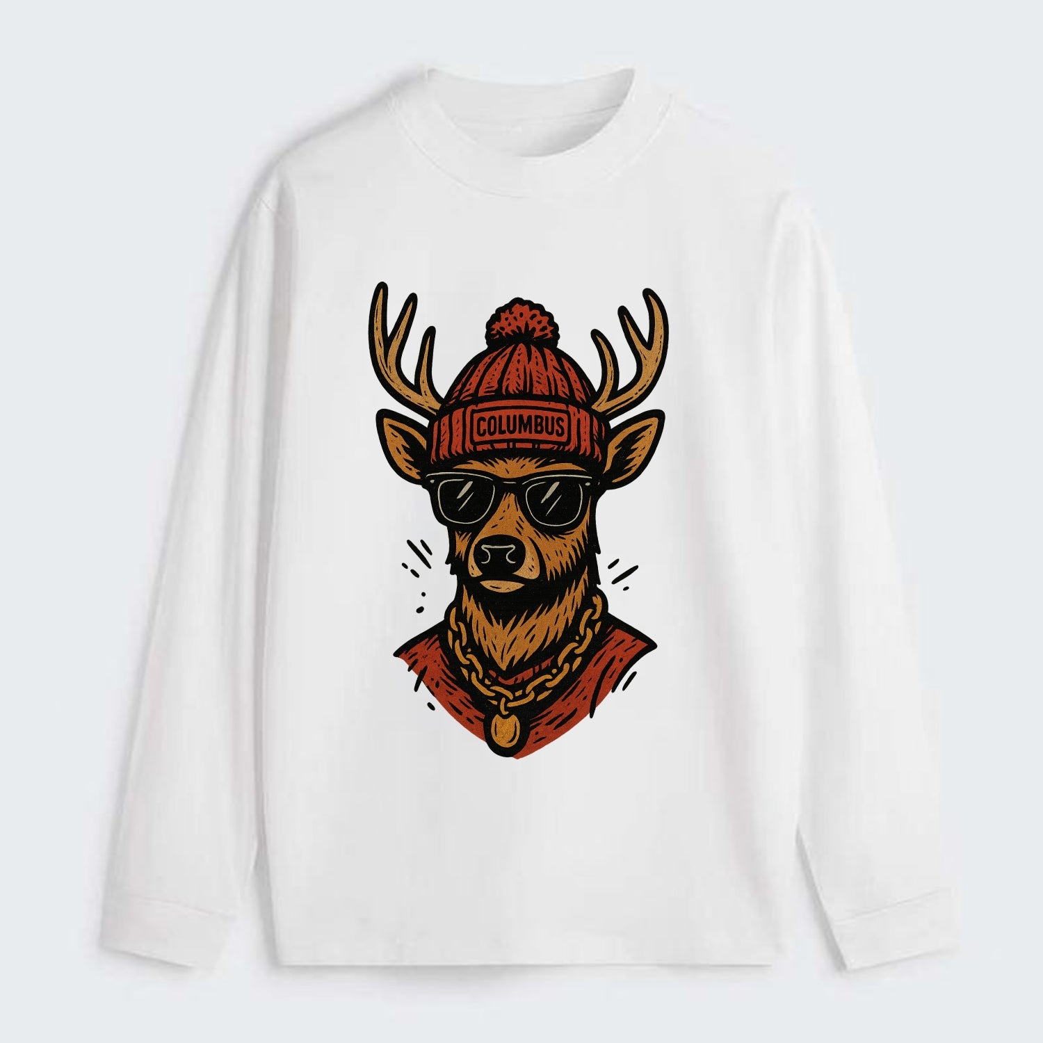 Columbus White-tailed Deer wearing Columbus beanie with pom pom and - Classic Long Sleeve Shirt - White