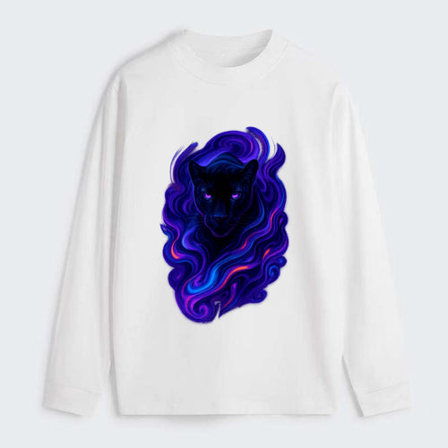 Sleek black panther emerging from swirls of deep purple and electric - Classic Long Sleeve Shirt