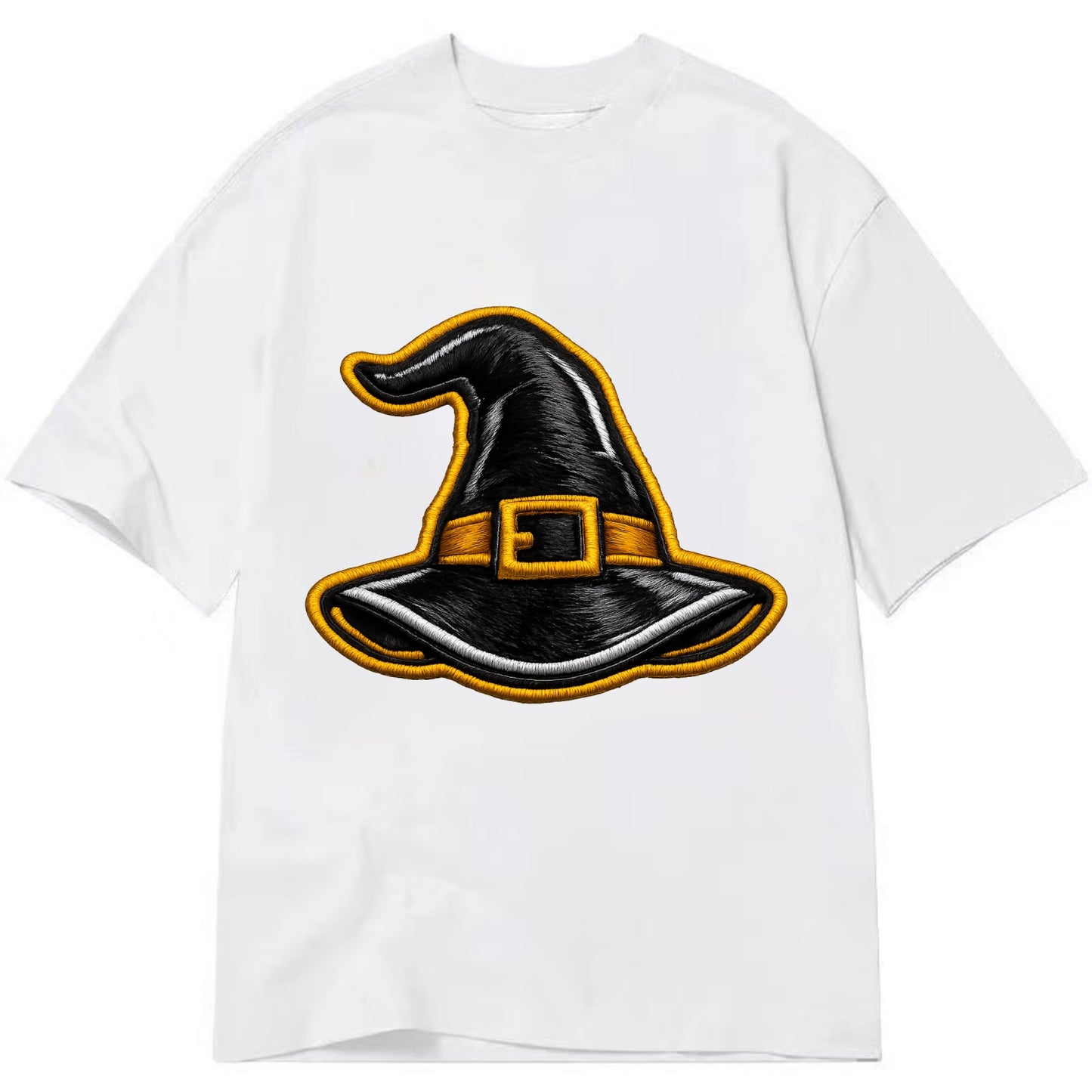 WITCH HAT - pointed hat with buckle in black and gold , coven - Classic T-shirt - White