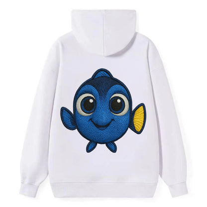 Baby Blue Tang - bright blue with yellow tail, big eyes, front-facing, - Classic Pullover Hoodie - White