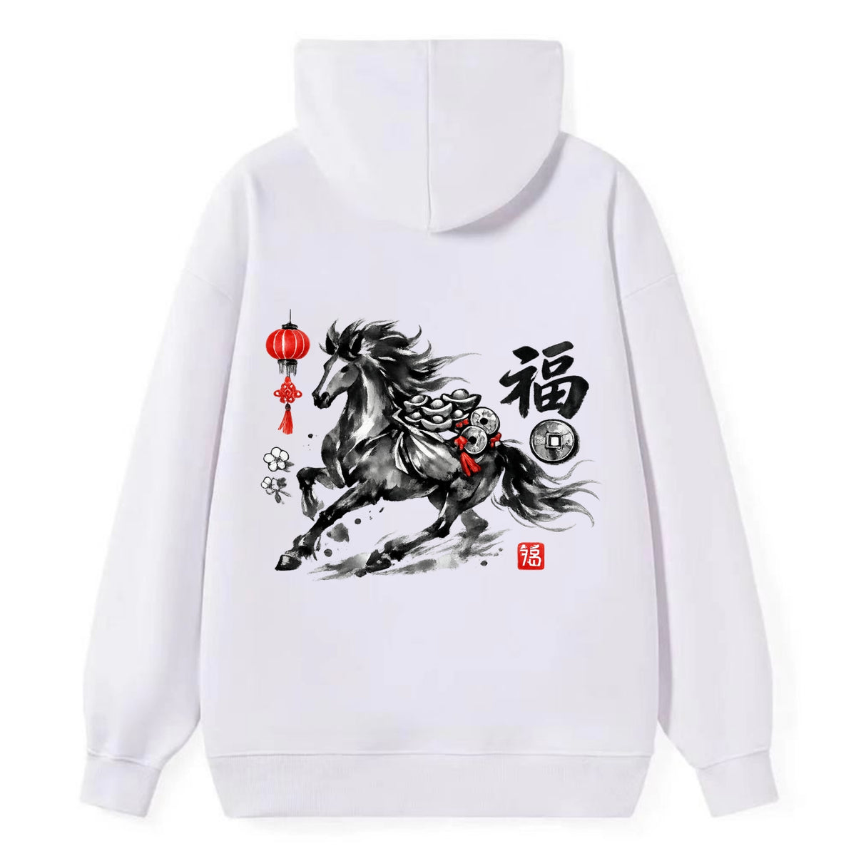 PROSPERITY HORSE | Horse carrying gold ingots and coins | Chinese knot - Classic Pullover Hoodie - White