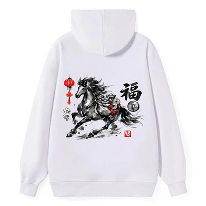 PROSPERITY HORSE | Horse carrying gold ingots and coins | Chinese knot - Classic Pullover Hoodie - White