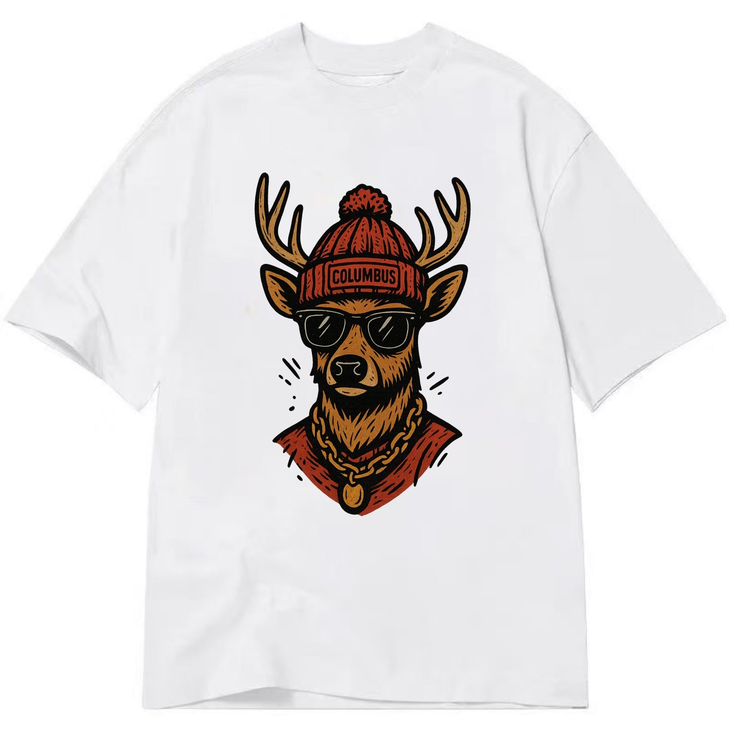 Columbus White-tailed Deer wearing Columbus beanie with pom pom and wayfarer - Classic T-shirt - White
