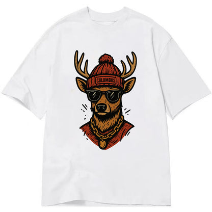 Columbus White-tailed Deer wearing Columbus beanie with pom pom and wayfarer - Classic T-shirt - White