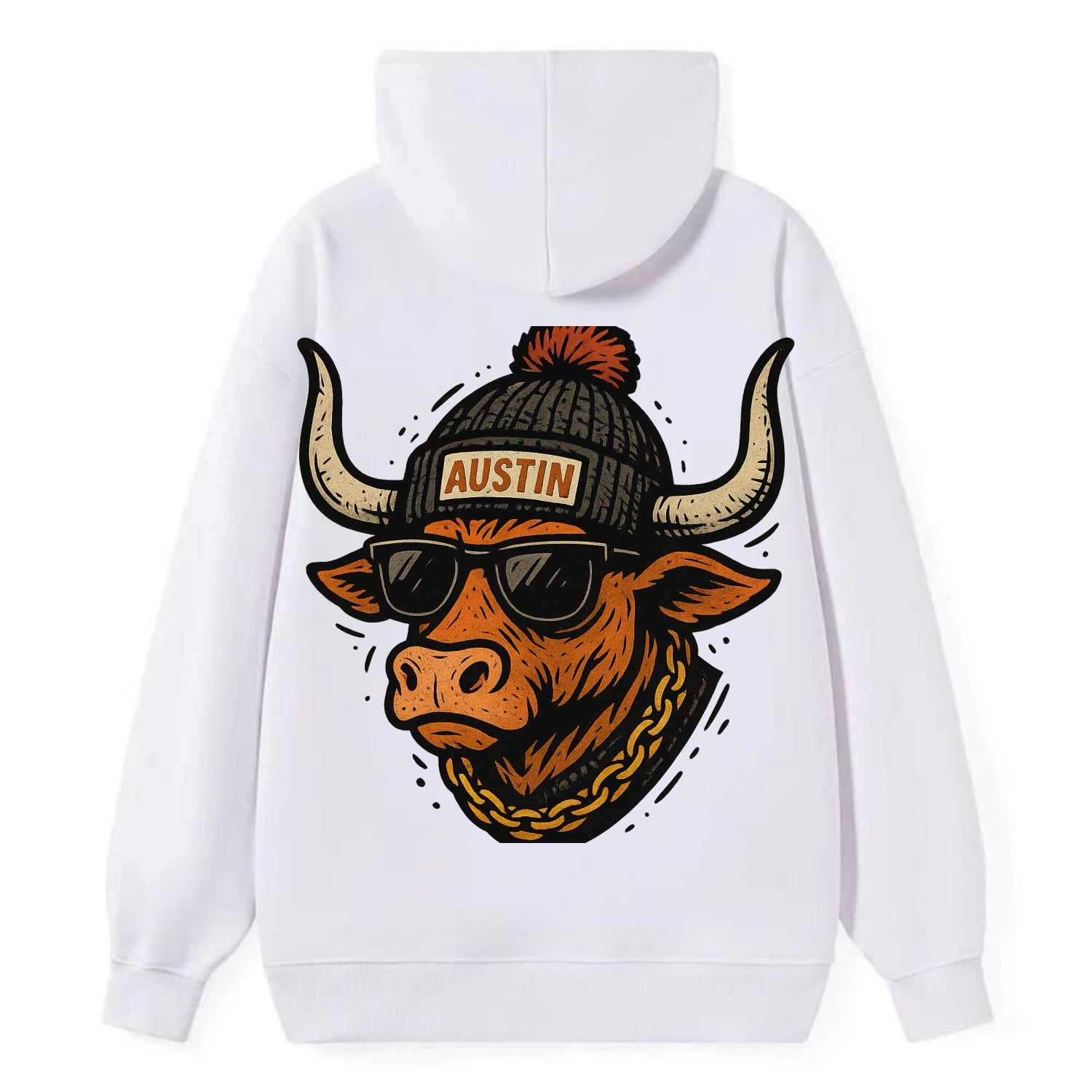 Texas Longhorn wearing Austin beanie with pom pom and wayfarer sunglasses - Classic Pullover Hoodie - White
