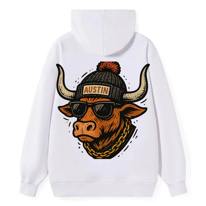 Texas Longhorn wearing Austin beanie with pom pom and wayfarer sunglasses - Classic Pullover Hoodie - White