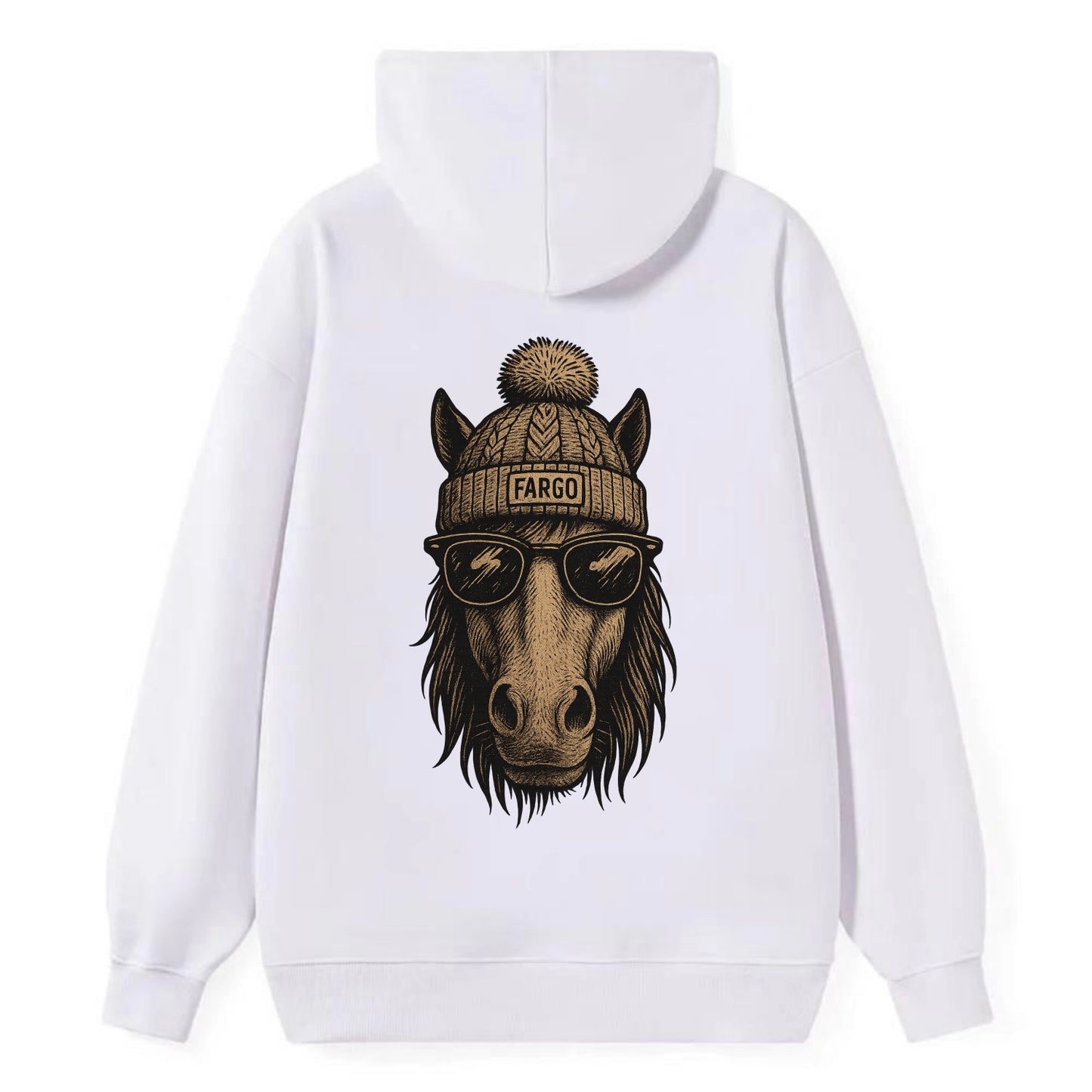 North Dakota Nokota Horse wearing Fargo beanie with pom pom and wayfarer - Classic Pullover Hoodie - White