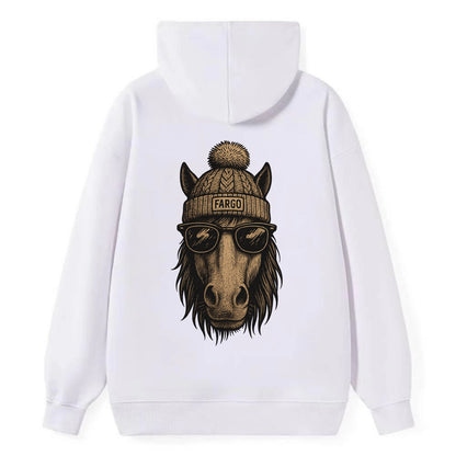 North Dakota Nokota Horse wearing Fargo beanie with pom pom and wayfarer - Classic Pullover Hoodie - White