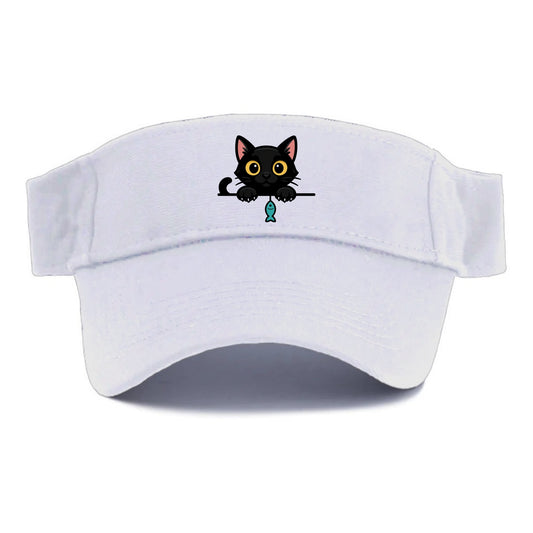 Midnight the black cat holding a tiny yarn ball between both paws while peeking. - Visor - White