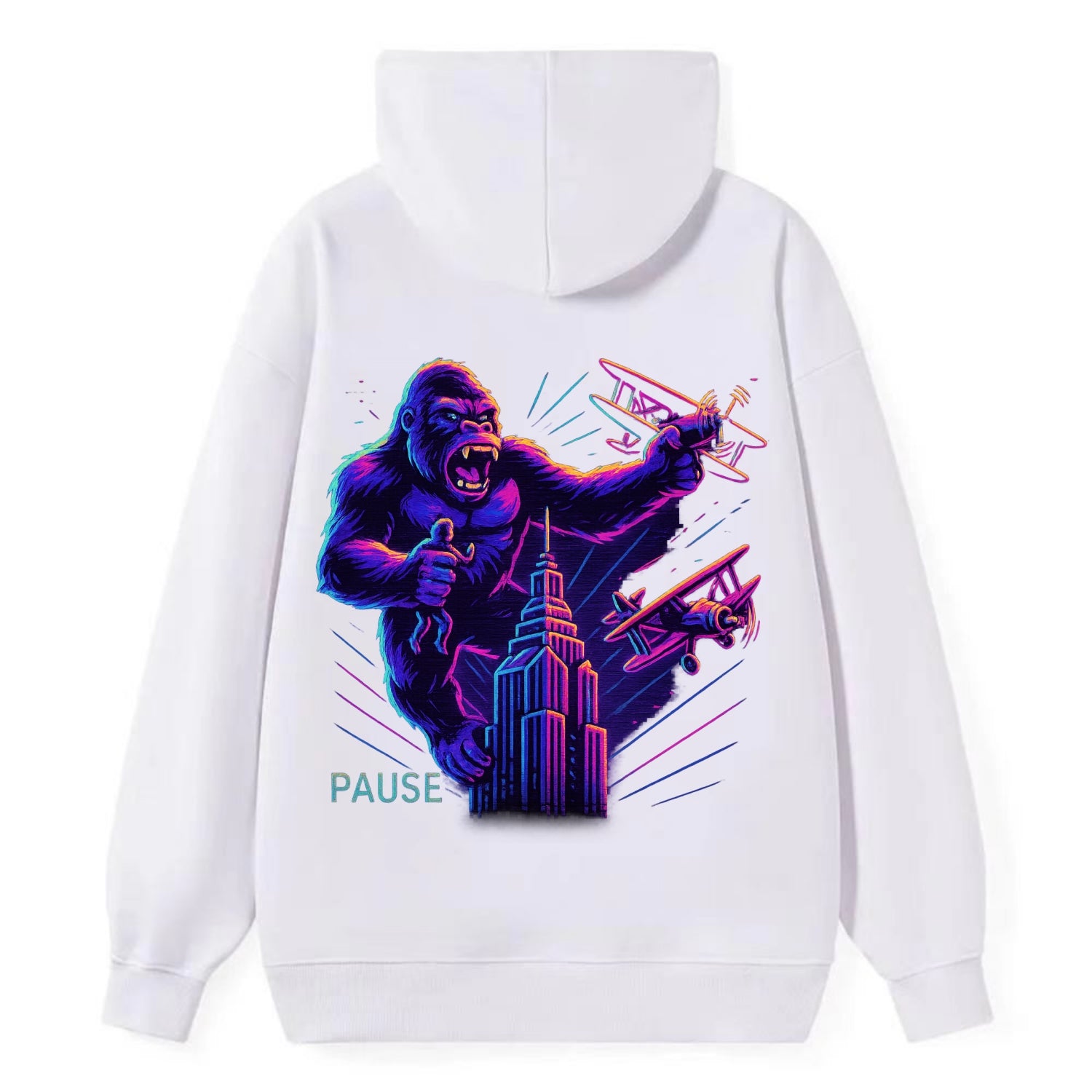 giant gorilla on top of skyscraper holding small figure, swatting planes - Classic Pullover Hoodie - White