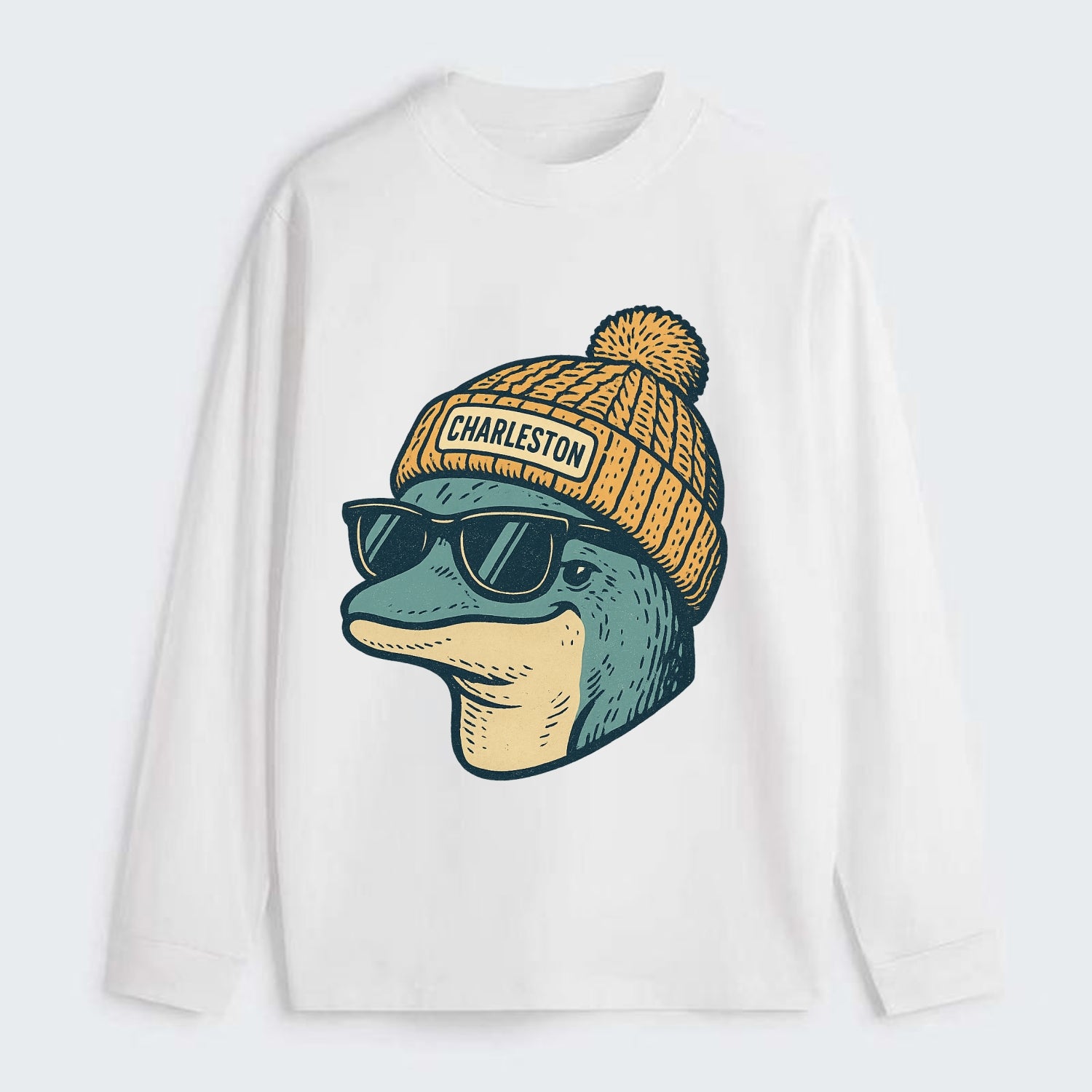 Charleston Dolphin wearing Charleston beanie with pom pom and wayfarer - Classic Long Sleeve Shirt - White