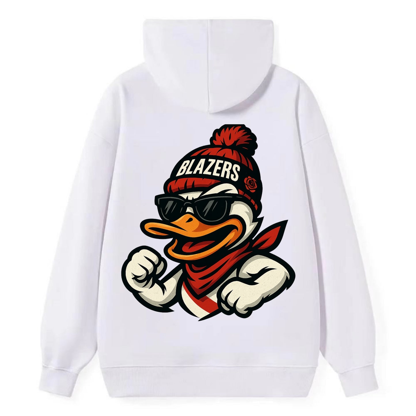 Oregon Duck wearing Trail Blazers beanie with rose patch and wayfarer - Classic Pullover Hoodie - White
