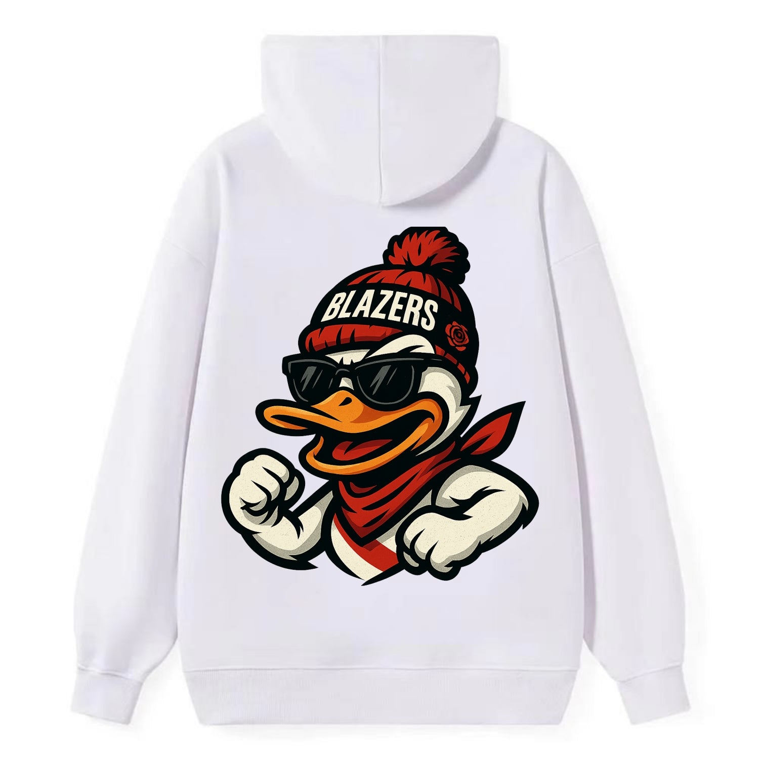 Oregon Duck wearing Trail Blazers beanie with rose patch and wayfarer - Classic Pullover Hoodie - White