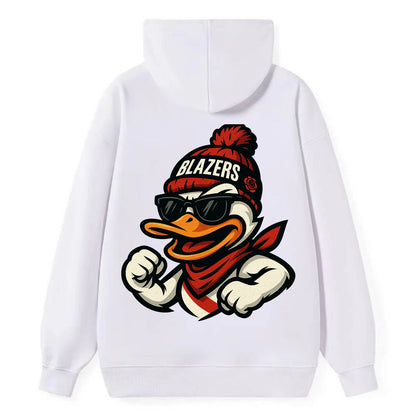 Oregon Duck wearing Trail Blazers beanie with rose patch and wayfarer - Classic Pullover Hoodie - White