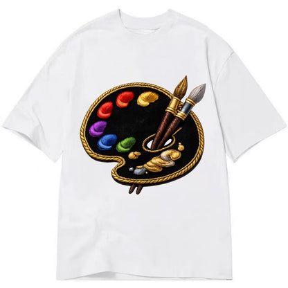 Embroidered patch design - PAINT PALETTE - artist palette with brushes in rainbow - Classic T-shirt - White