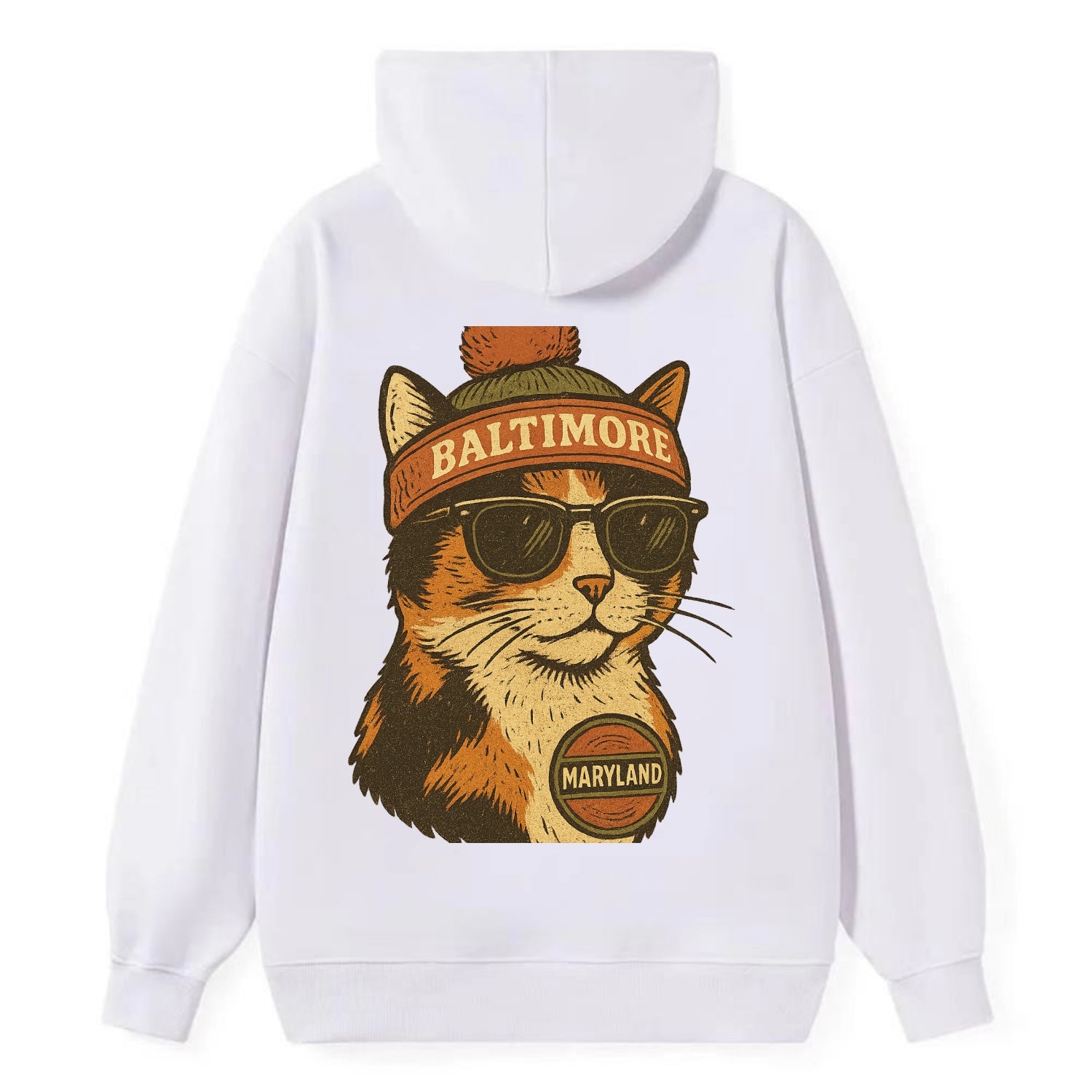 Maryland Calico Cat wearing Baltimore beanie with pom pom and wayfarer - Classic Pullover Hoodie - White