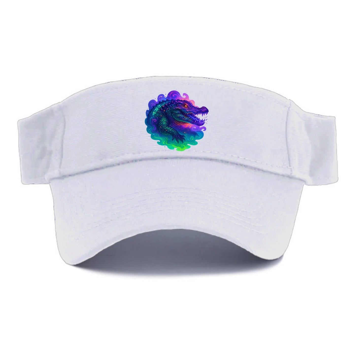 Primordial crocodile with scales pulsing plasma energy in green and purple, ancient runes - Visor - White