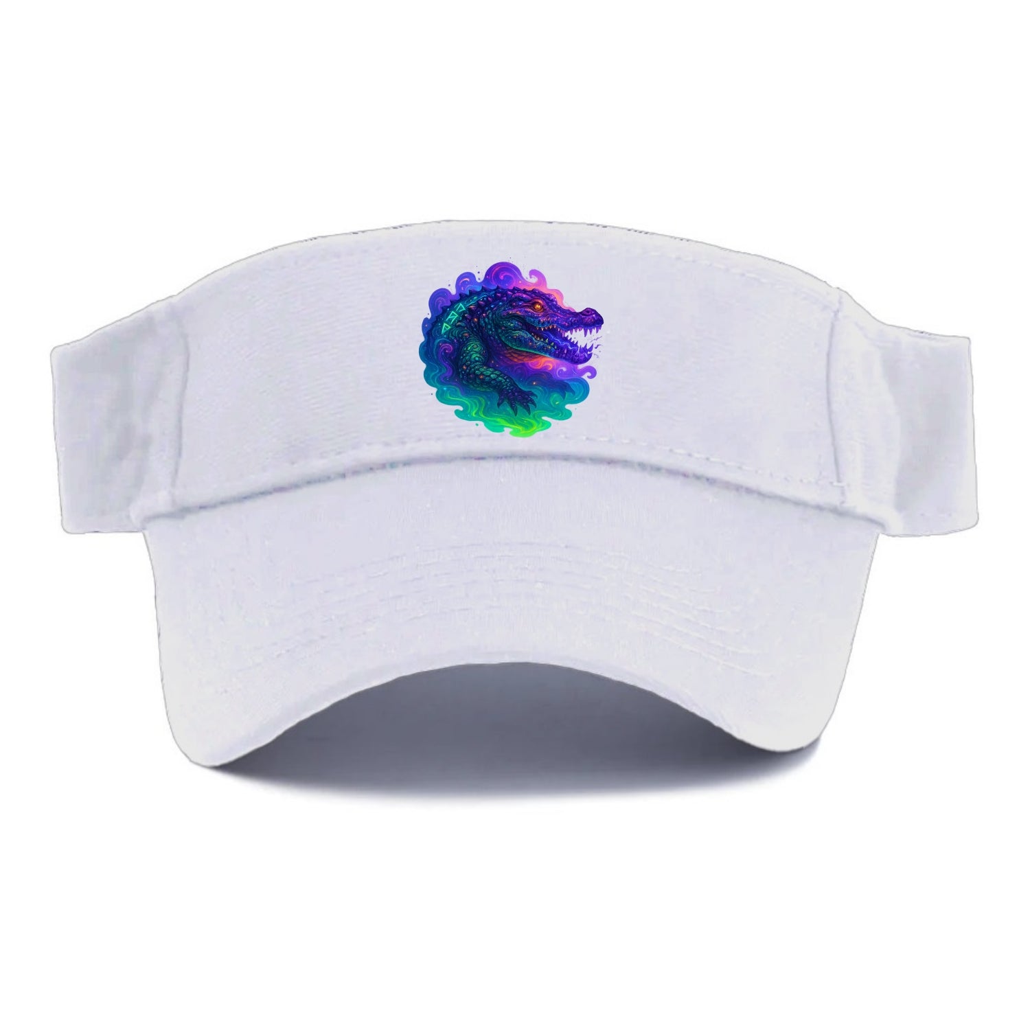 Primordial crocodile with scales pulsing plasma energy in green and purple, ancient runes - Visor - White