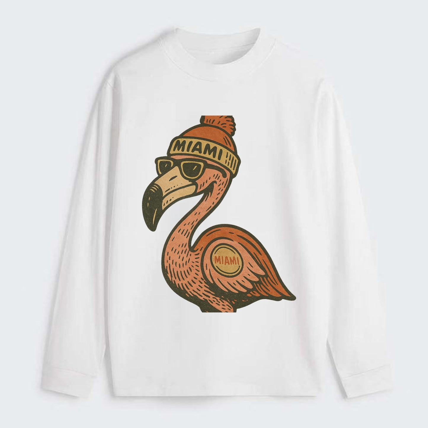 Miami Flamingo wearing Miami beanie with pom pom and wayfarer sunglasses - Classic Long Sleeve Shirt - White