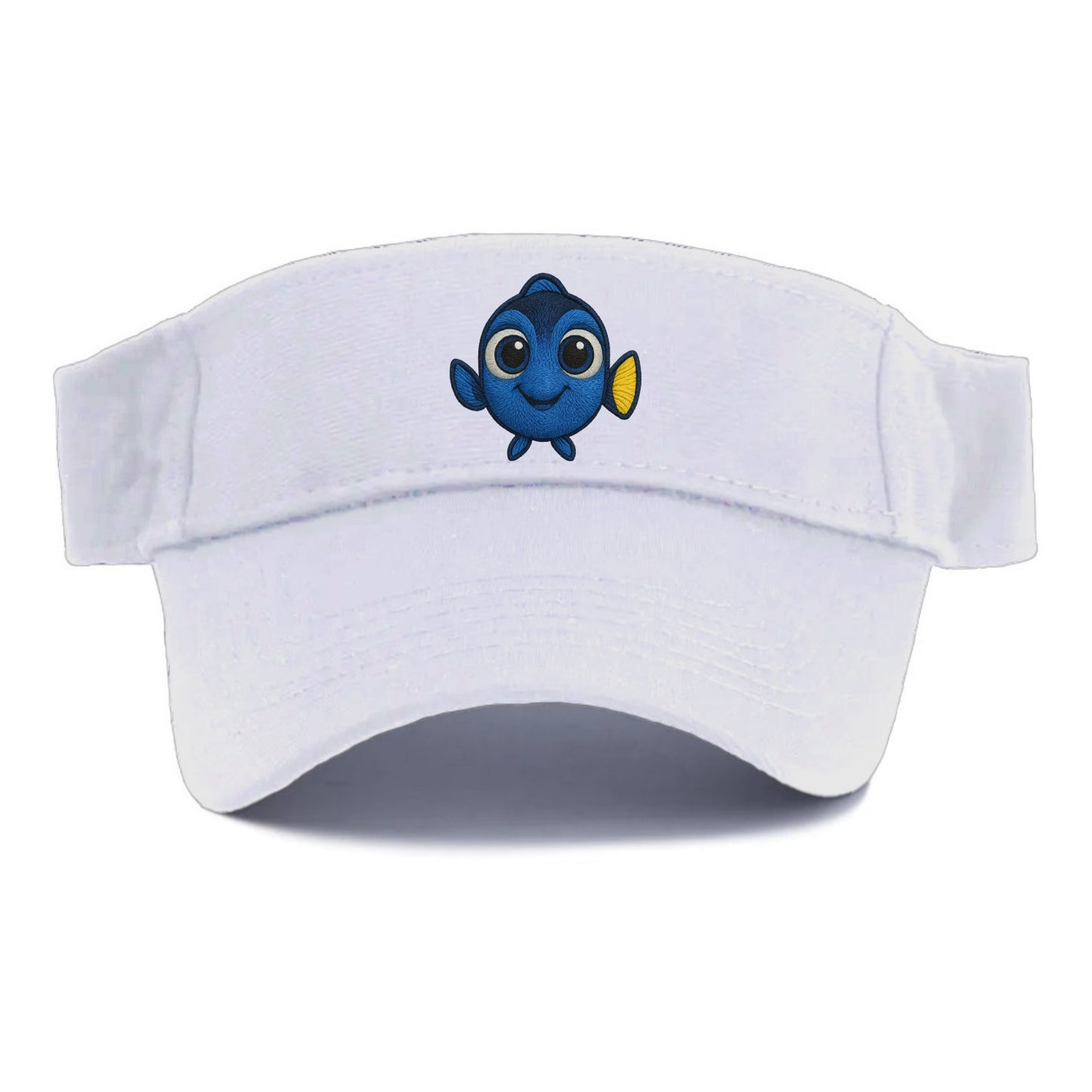 Baby Blue Tang - bright blue with yellow tail, big eyes, front-facing, Dory-style - Visor - White