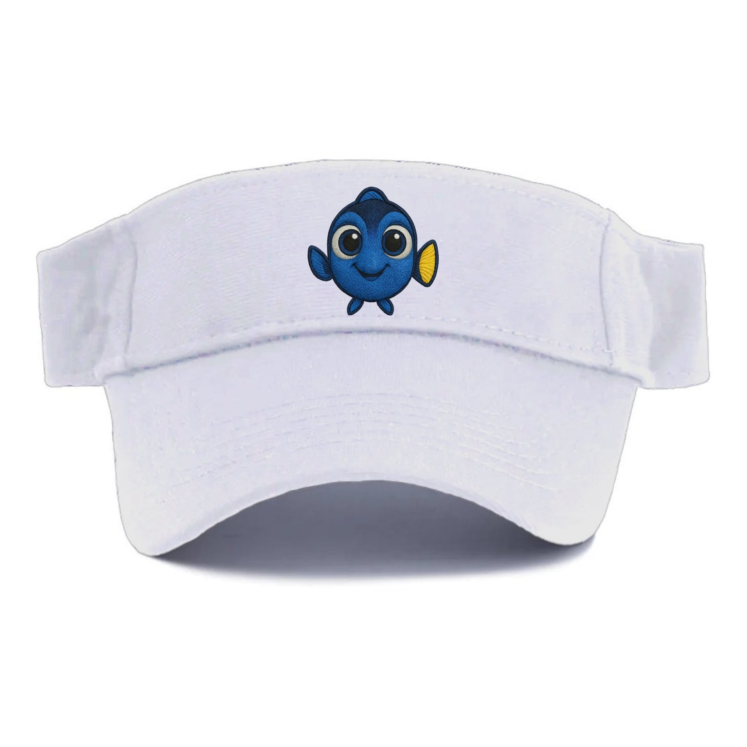 Baby Blue Tang - bright blue with yellow tail, big eyes, front-facing, Dory-style - Visor - White