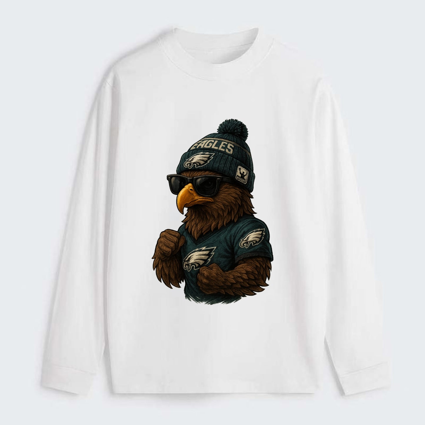 Philly Hawk wearing Eagles beanie with Rocky patch and wayfarer - Classic Long Sleeve Shirt - White