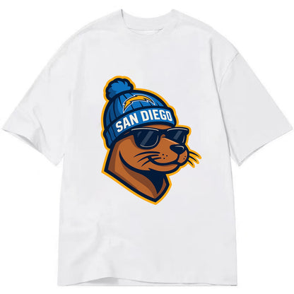 San Diego Sea Lion wearing Chargers beanie with bolt patch and wayfarer sunglasses - Classic T-shirt - White