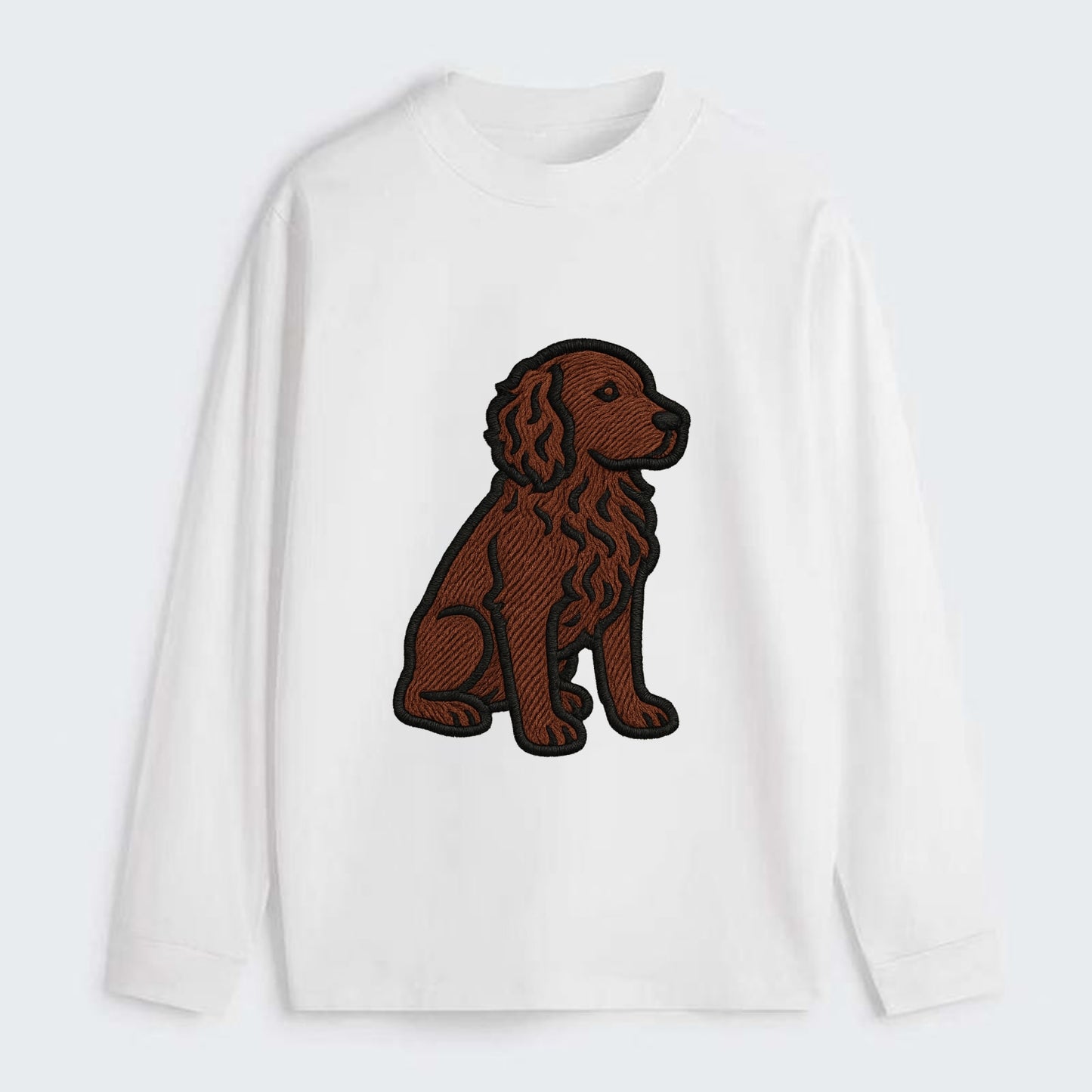 Boykin Spaniel - Rich chocolate brown wavy coat embroidered sitting pose - Classic Long Sleeve Shirt - White